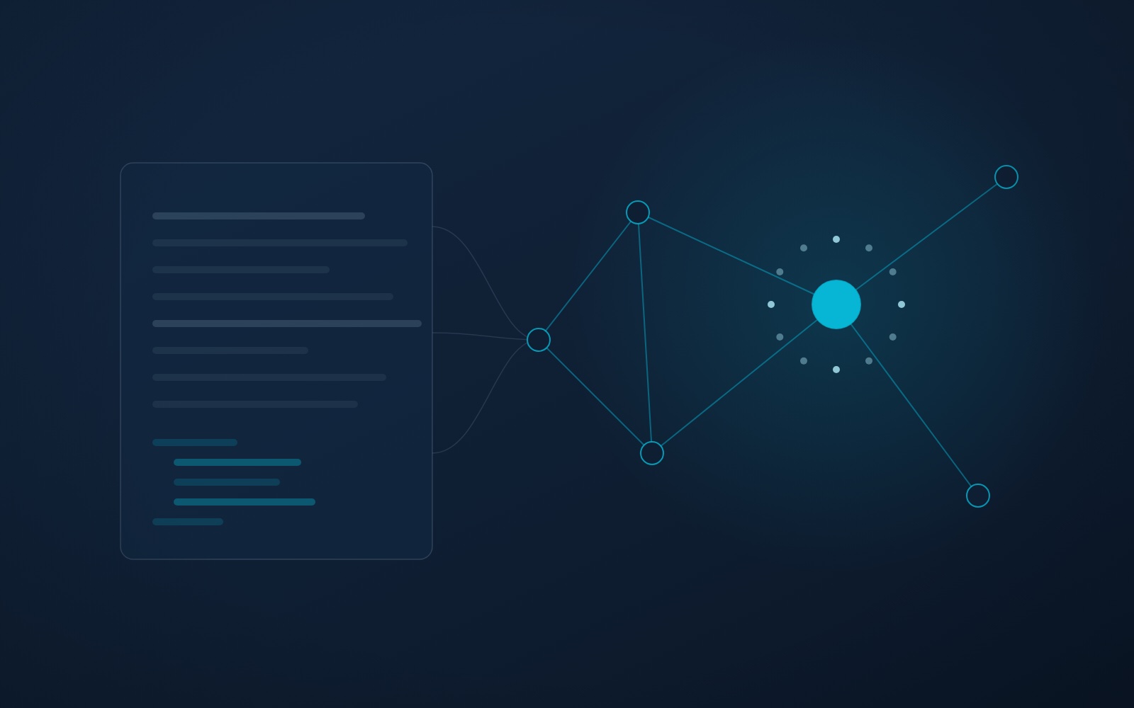 Abstract page with lines of text connected to a node graph, in navy and teal
