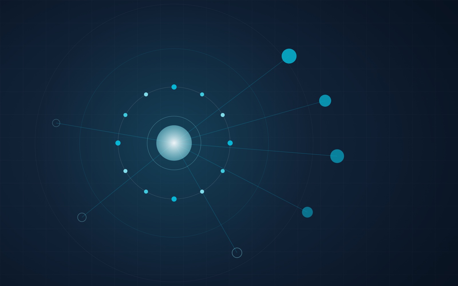 A glowing core connected to seven satellites on a navy background, a symbol of Aurora's GEO content cluster
