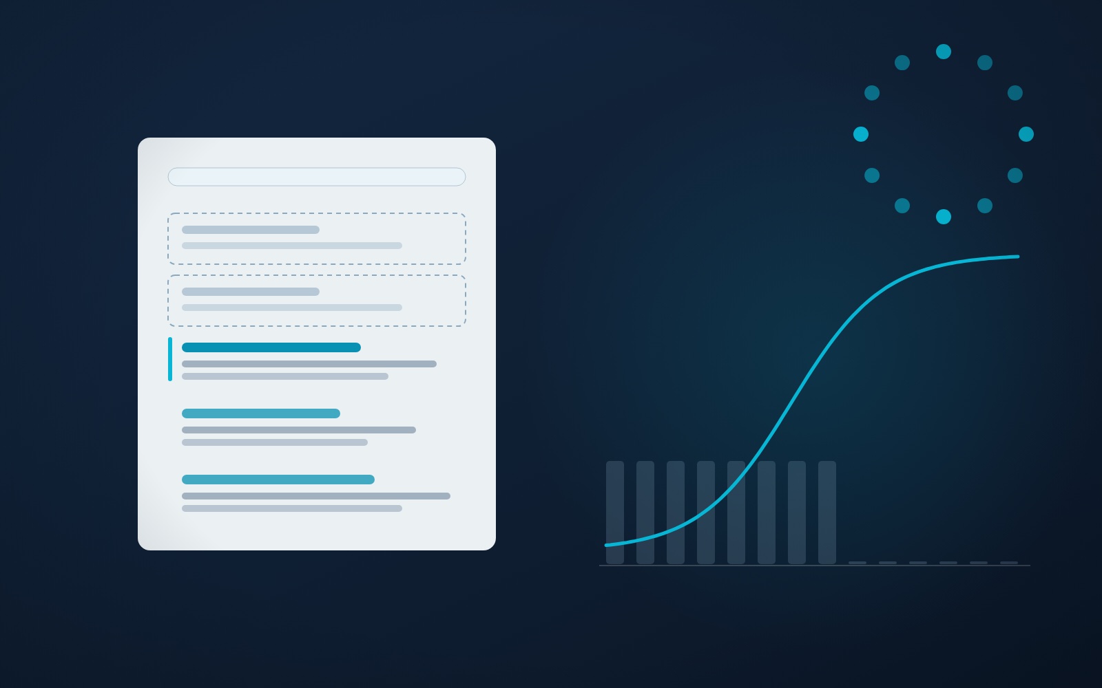 An abstract results page on a navy background, with two outlined ad slots and three organic results, next to spend bars that stop and a curve that keeps rising, and Aurora's twelve-dot ring